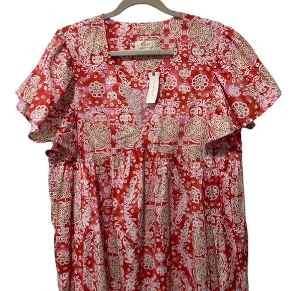 Anthropologie Maeve Geometric Short Flutter-Sleeve Babydoll Dress Pink Large NWT - Picture 11 of 15